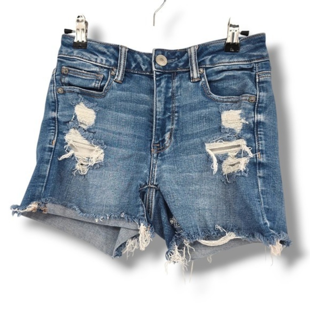 American Eagle Next Level Stretch Hi-Rise Denim Shortie Distressed Rips‎ Size 4